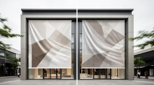 Comparaison entre bâche PVC et mesh microperforé sur une vitrine de magasin en zone ventée