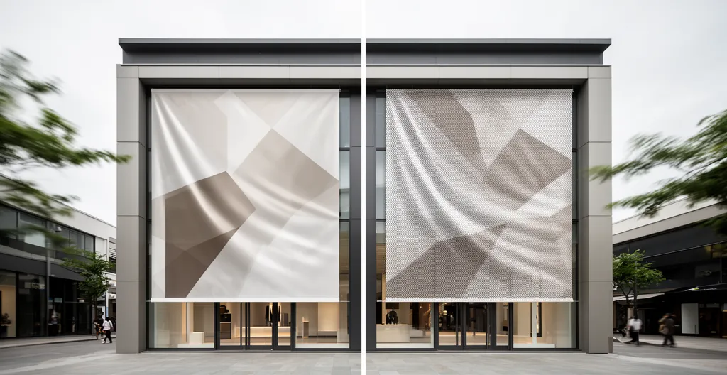 Comparaison entre bâche PVC et mesh microperforé sur une vitrine de magasin en zone ventée