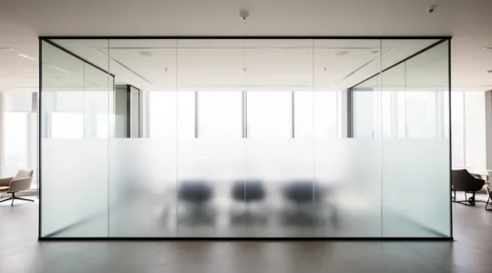 Bureau vitré moderne avec film dépoli dégradé sur cloisons de salle de réunion, créant une intimité sans effet bunker
