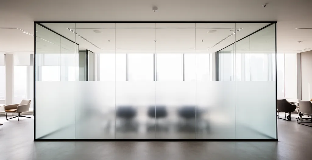 Bureau vitré moderne avec film dépoli dégradé sur cloisons de salle de réunion, créant une intimité sans effet bunker