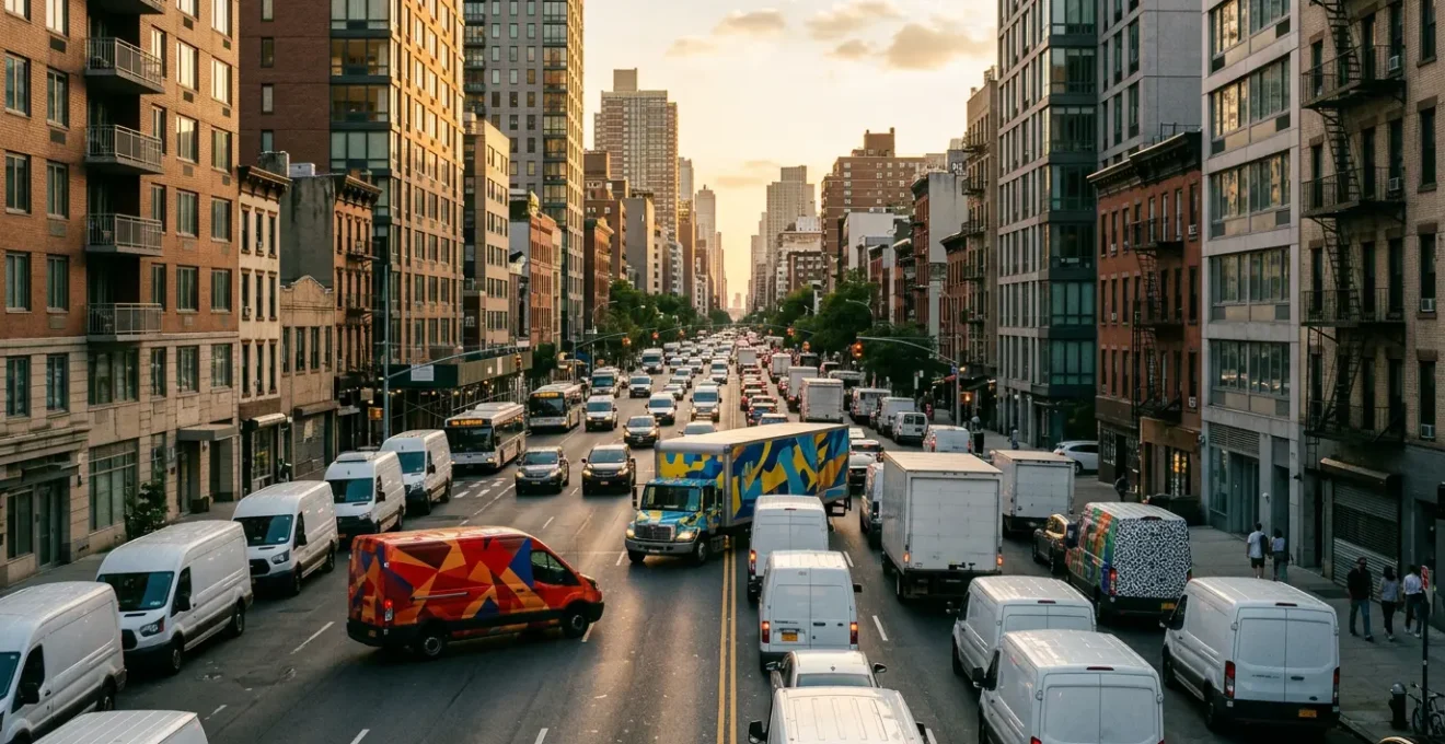 Véhicules utilitaires avec marquage publicitaire dans la circulation urbaine dense