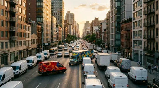 Véhicules utilitaires avec marquage publicitaire dans la circulation urbaine dense