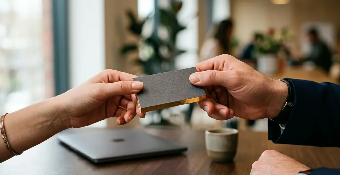 Main tenant une carte de visite haut de gamme dorée sur fond d'espace de travail moderne avec ordinateur fermé en arrière-plan