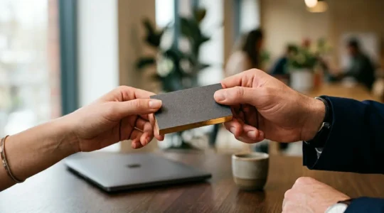 Main tenant une carte de visite haut de gamme dorée sur fond d'espace de travail moderne avec ordinateur fermé en arrière-plan