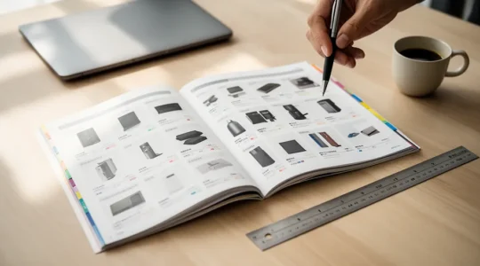 Vue plongeante d'un catalogue professionnel ouvert avec système de navigation coloré et index multiple