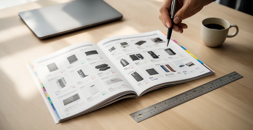 Vue plongeante d'un catalogue professionnel ouvert avec système de navigation coloré et index multiple