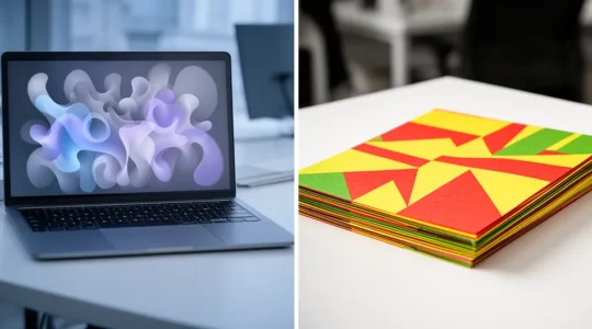 Un propriétaire de PME réfléchissant entre un ordinateur affichant des graphiques et une pile de flyers colorés sur son bureau