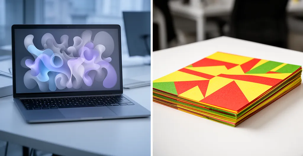 Un propriétaire de PME réfléchissant entre un ordinateur affichant des graphiques et une pile de flyers colorés sur son bureau