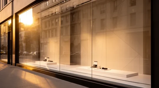 Vue d'une vitrine de magasin moderne avec un agencement stratégique mettant en valeur les produits à forte marge