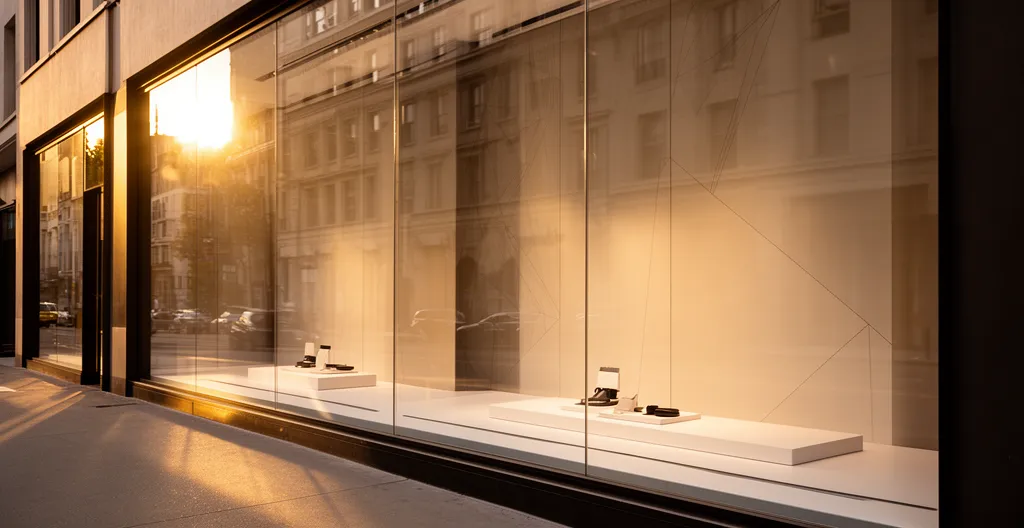 Vue d'une vitrine de magasin moderne avec un agencement stratégique mettant en valeur les produits à forte marge