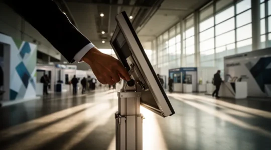 Commercial en costume présentant des supports de communication mobiles dans un environnement de salon professionnel