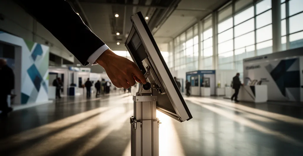 Commercial en costume présentant des supports de communication mobiles dans un environnement de salon professionnel