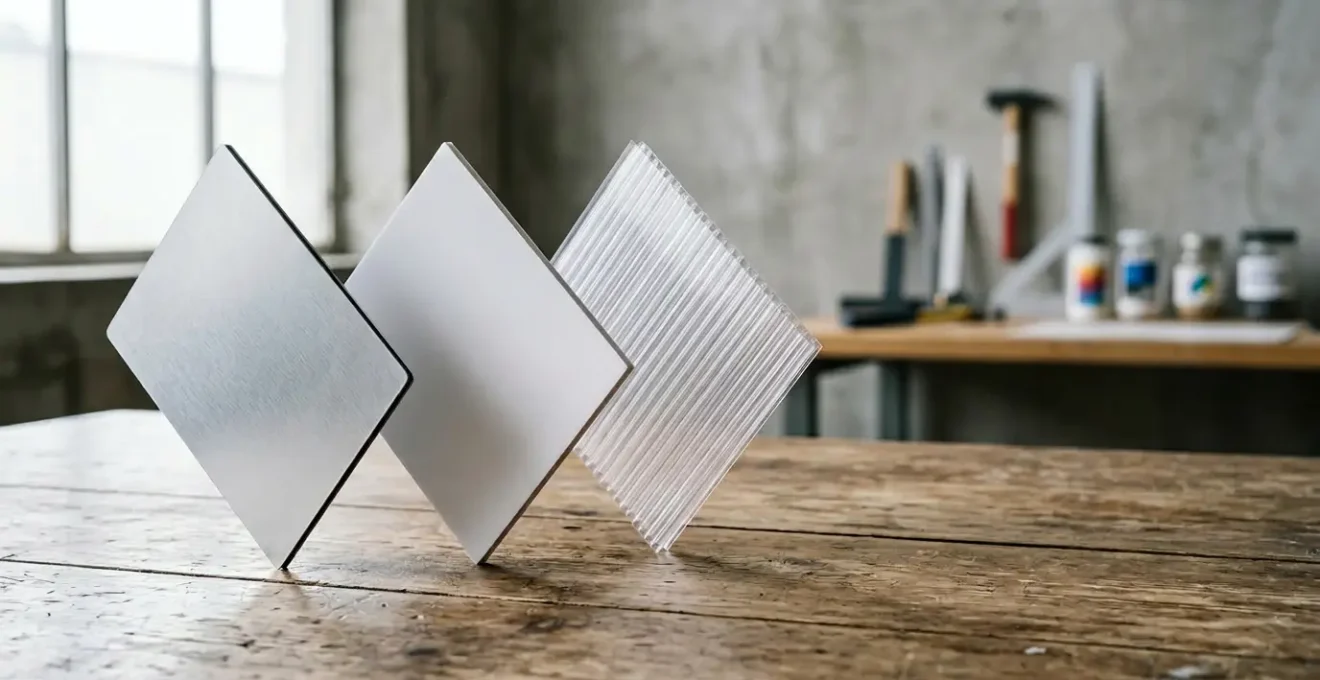 Comparaison visuelle de trois échantillons de panneaux publicitaires rigides posés sur une table d'atelier éclairée naturellement