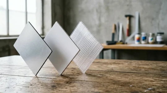 Comparaison visuelle de trois échantillons de panneaux publicitaires rigides posés sur une table d'atelier éclairée naturellement