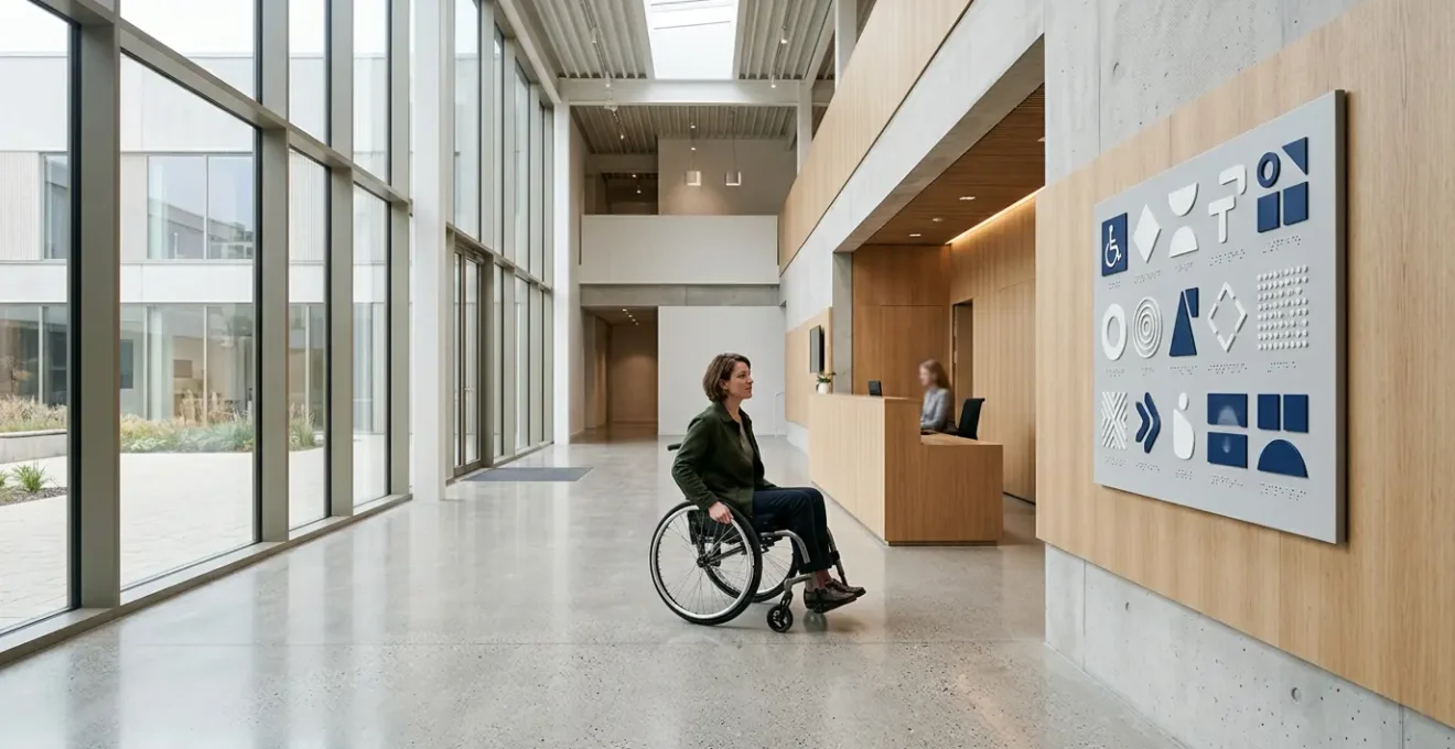 Hall d'entrée d'établissement public moderne avec signalétique accessible aux personnes en situation de handicap
