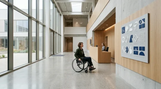 Hall d'entrée d'établissement public moderne avec signalétique accessible aux personnes en situation de handicap