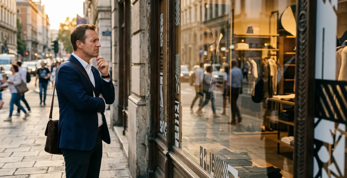 Client perplexe devant une vitrine floue avec reflets multiples et produits indistincts