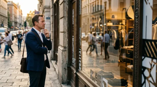 Client perplexe devant une vitrine floue avec reflets multiples et produits indistincts