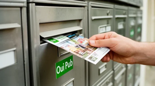 Main déposant un flyer dans une boîte aux lettres avec autocollant Oui Pub dans un quartier résidentiel