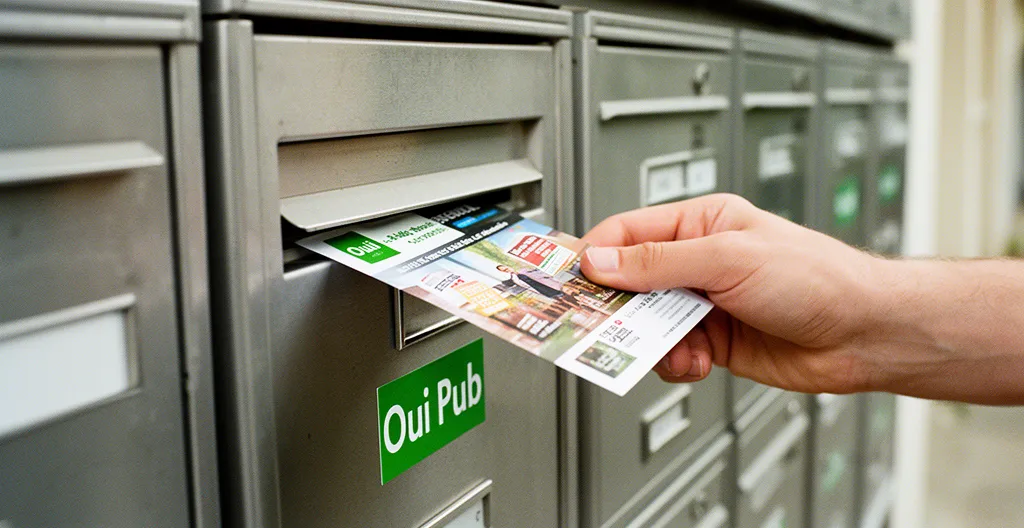 Main déposant un flyer dans une boîte aux lettres avec autocollant Oui Pub dans un quartier résidentiel