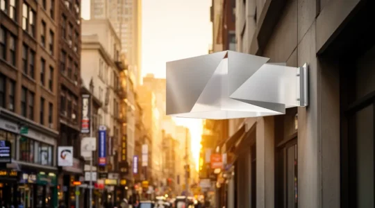 Enseigne perpendiculaire lumineuse double face installée dans une rue commerçante animée