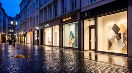 Vitrine de commerce éclairée dans une rue commerçante de nuit avec enseignes lumineuses et réflexions sur le pavé