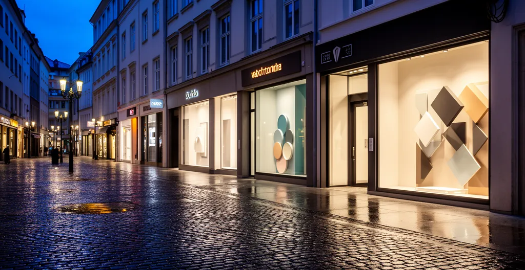 Vitrine de commerce éclairée dans une rue commerçante de nuit avec enseignes lumineuses et réflexions sur le pavé