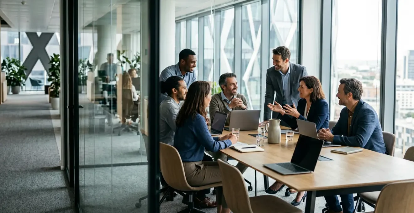 Équipe commerciale travaillant sur une présentation dans un bureau moderne