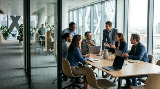 Équipe commerciale travaillant sur une présentation dans un bureau moderne