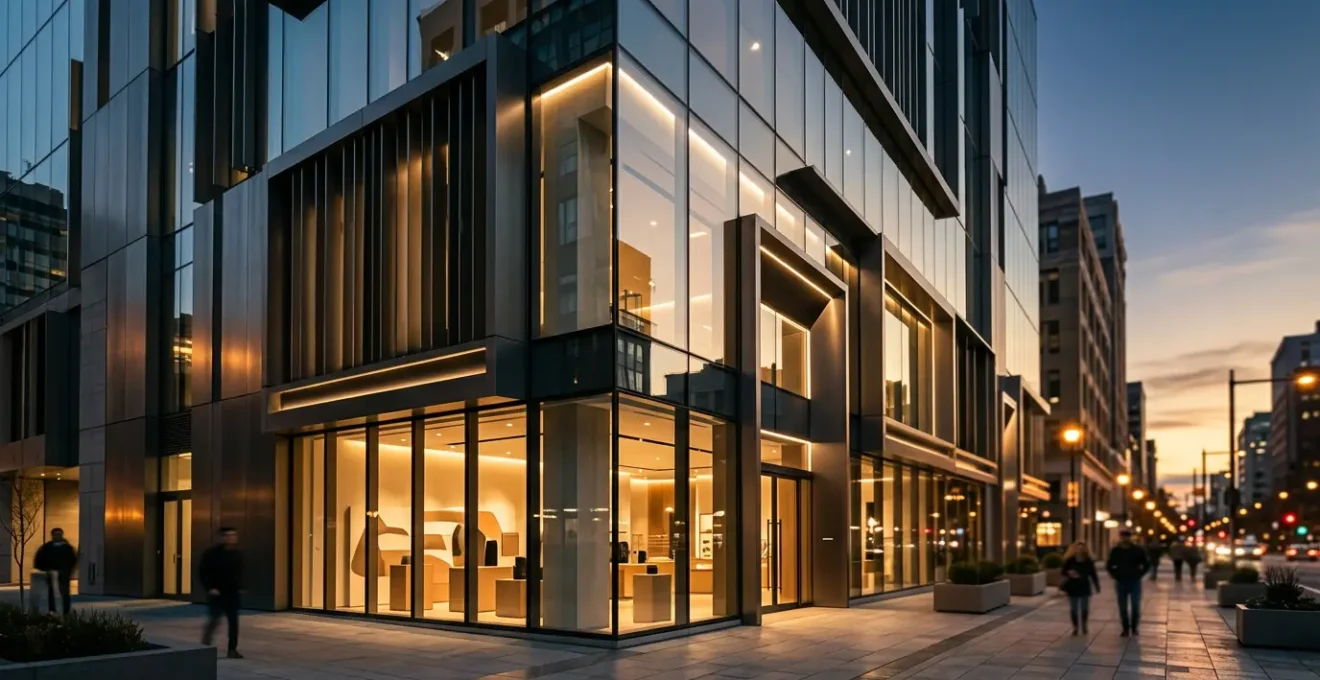 Façade de boutique moderne montrant différentes technologies d'enseignes lumineuses avec effet de halo et éclairage frontal au crépuscule