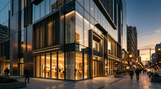 Façade de boutique moderne montrant différentes technologies d'enseignes lumineuses avec effet de halo et éclairage frontal au crépuscule