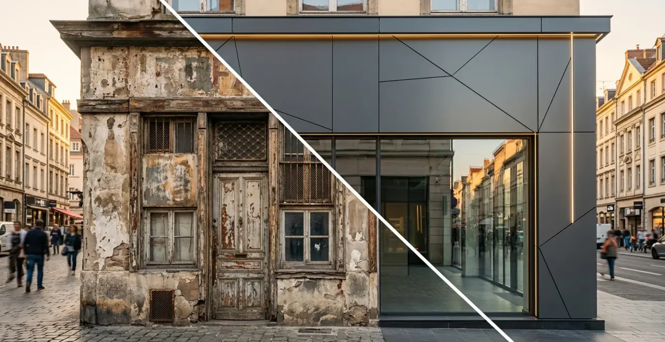 Transformation spectaculaire d'une façade commerciale vieillissante en devanture moderne avec bardage métallique et vitrine éclairée
