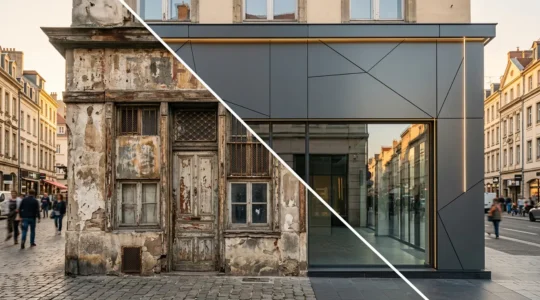 Transformation spectaculaire d'une façade commerciale vieillissante en devanture moderne avec bardage métallique et vitrine éclairée