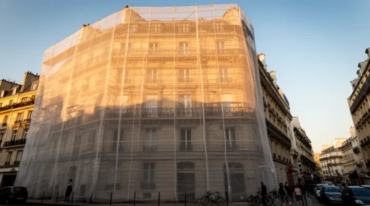 Façade d'immeuble haussmannien avec échafaudage et bâche publicitaire pendant des travaux de ravalement