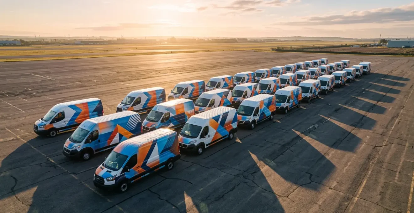 Vue aérienne d'une flotte de véhicules utilitaires avec marquage publicitaire coloré dans un parking d'entreprise