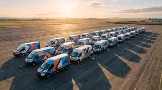 Vue aérienne d'une flotte de véhicules utilitaires avec marquage publicitaire coloré dans un parking d'entreprise