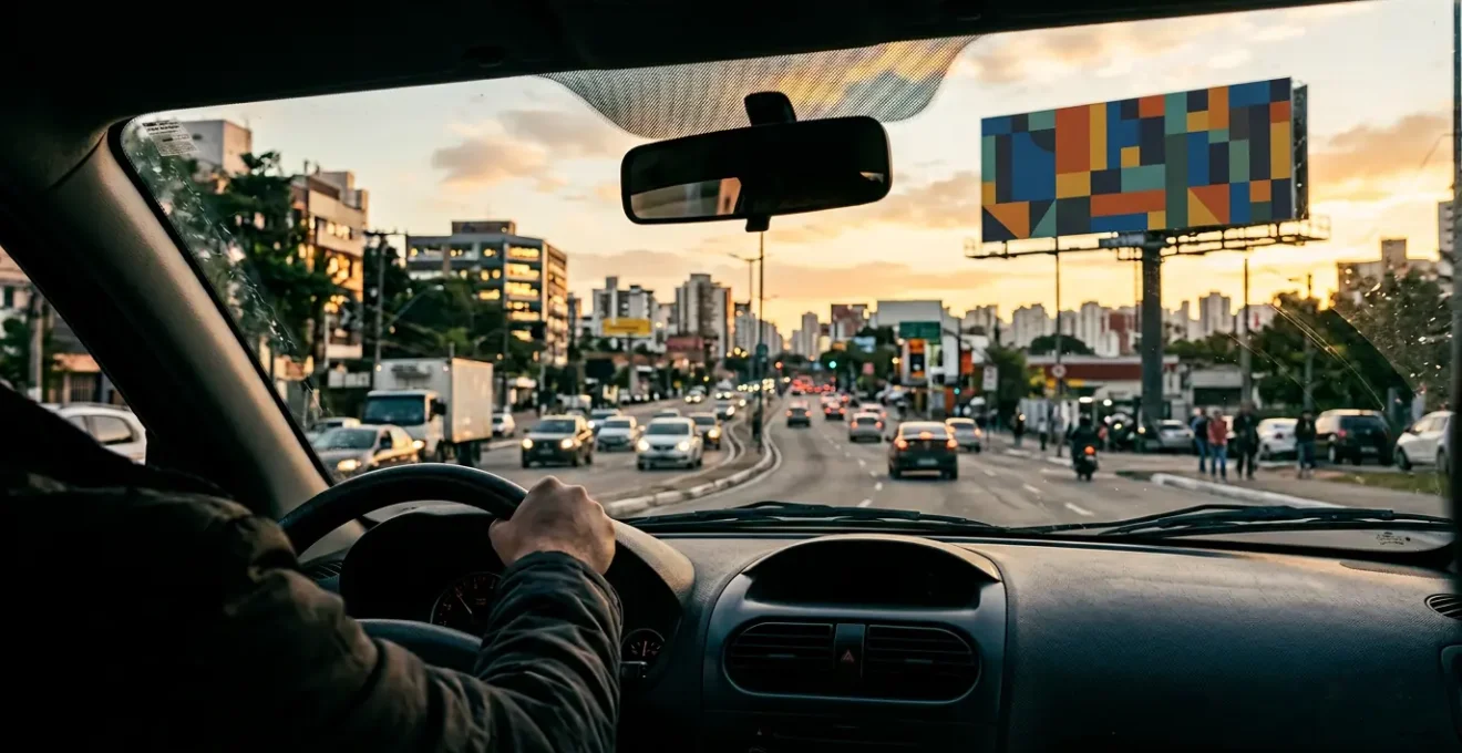 Conducteur au volant observant une affiche publicitaire sur un panneau urbain avec différents niveaux d'information visuelle