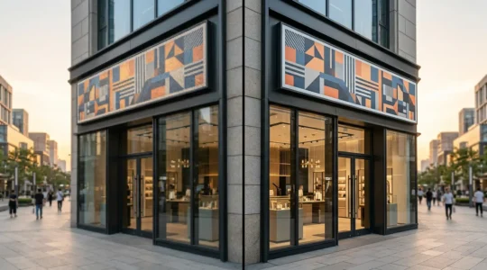 Comparaison entre un logo pixellisé et sa version vectorielle sur une façade d'entreprise