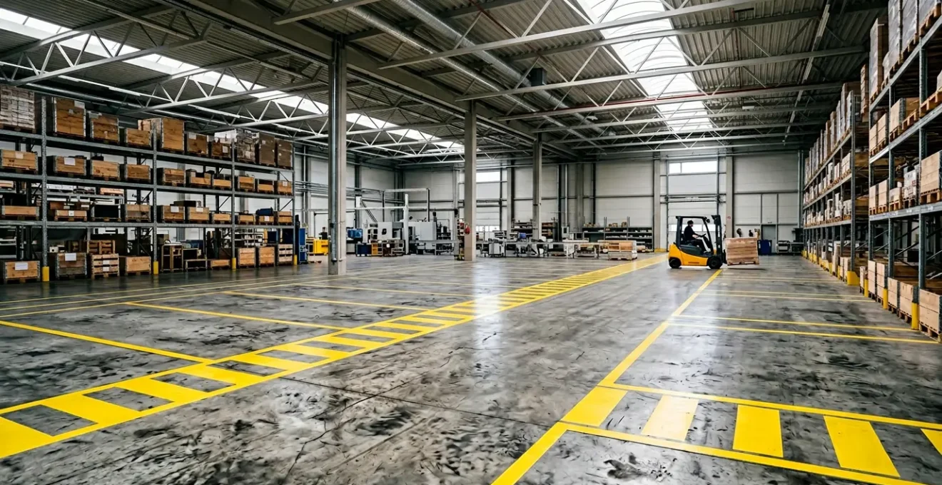 Marquage au sol industriel avec chariot élévateur dans un entrepôt moderne