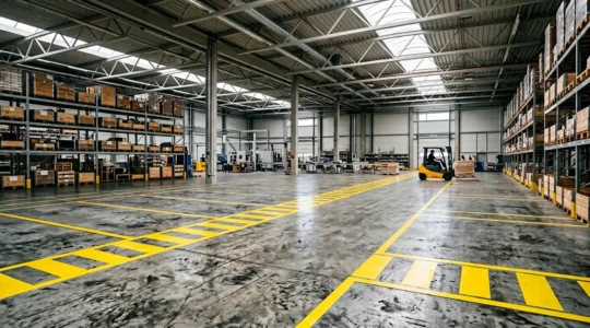 Marquage au sol industriel avec chariot élévateur dans un entrepôt moderne