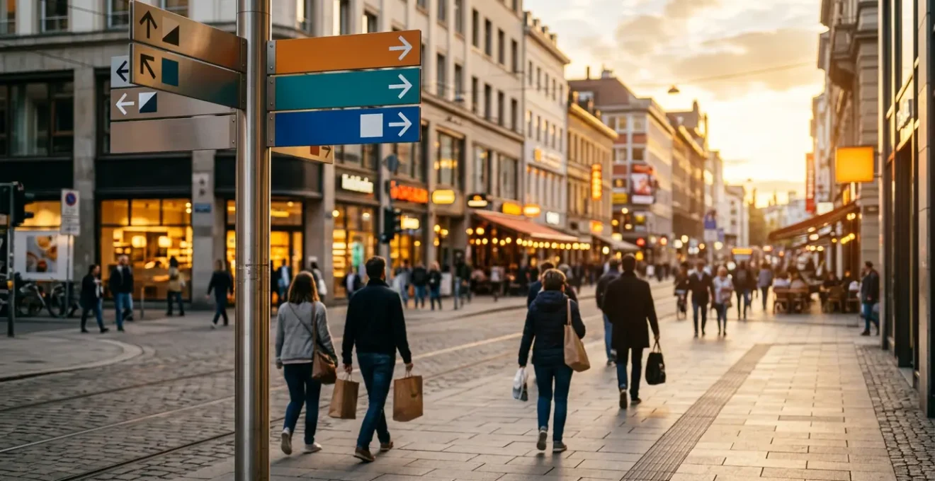 Mâts de signalisation publicitaire orientant le flux piéton vers une zone commerciale animée
