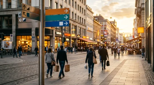 Mâts de signalisation publicitaire orientant le flux piéton vers une zone commerciale animée