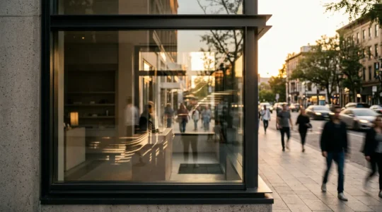Vitrine moderne d'un commerce local avec reflets digitaux subtils évoquant la présence en ligne