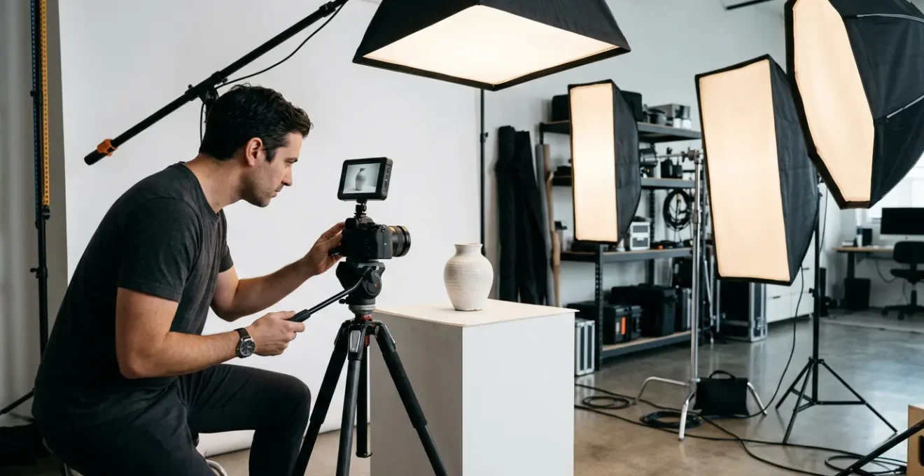 Photographe dans un studio professionnel photographiant un produit avec éclairage et softbox