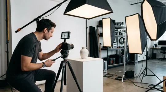 Photographe dans un studio professionnel photographiant un produit avec éclairage et softbox