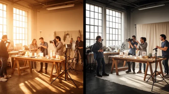 Comparaison visuelle entre un bureau créatif avec shooting photo professionnel et des écrans affichant des photos de banque d'images génériques