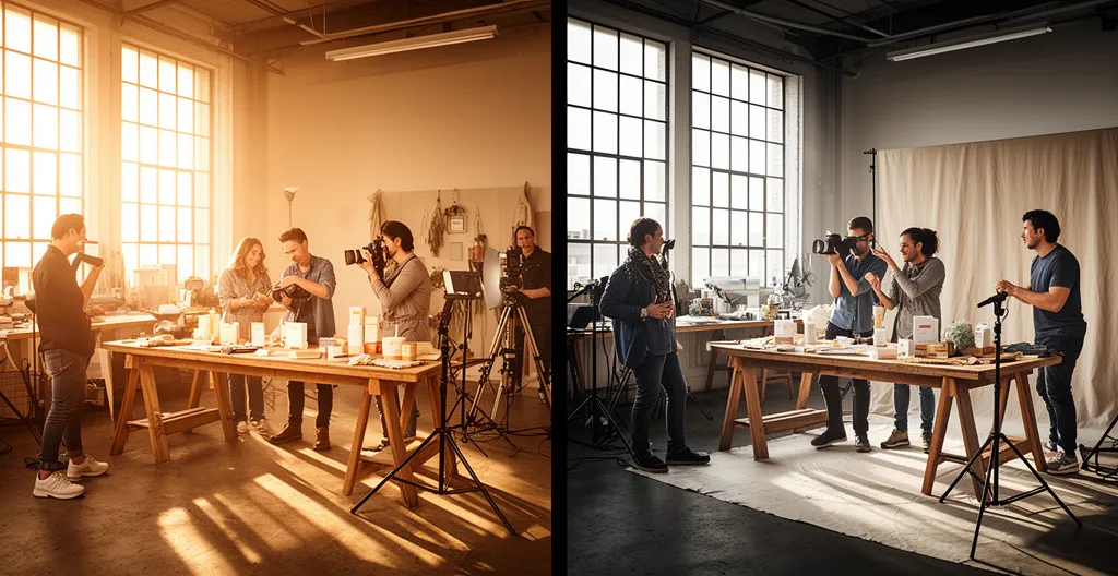 Comparaison visuelle entre un bureau créatif avec shooting photo professionnel et des écrans affichant des photos de banque d'images génériques