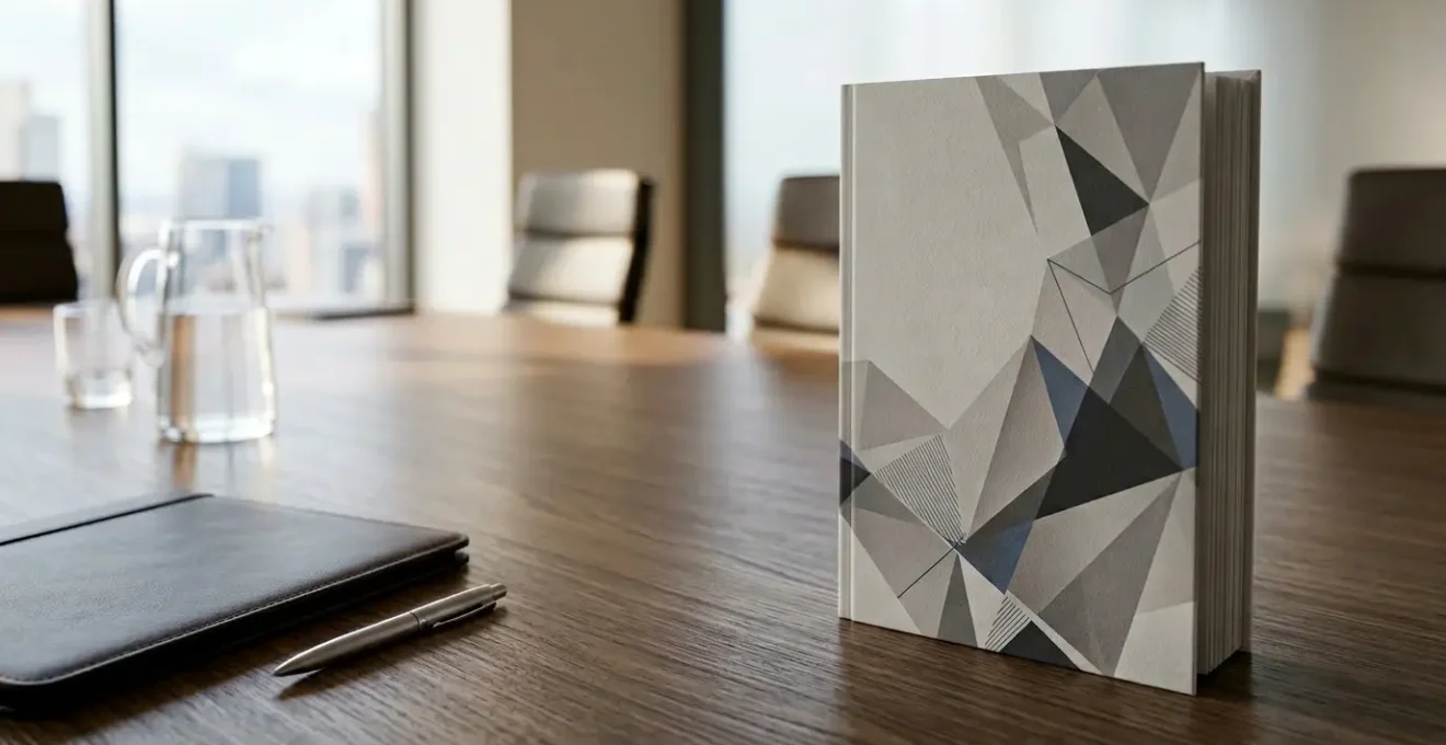 Plaquette commerciale posée sur table de réunion en environnement professionnel moderne