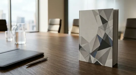 Plaquette commerciale posée sur table de réunion en environnement professionnel moderne