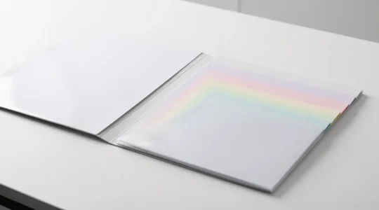 Vue en angle d'une pochette à rabats ouverte avec des documents organisés